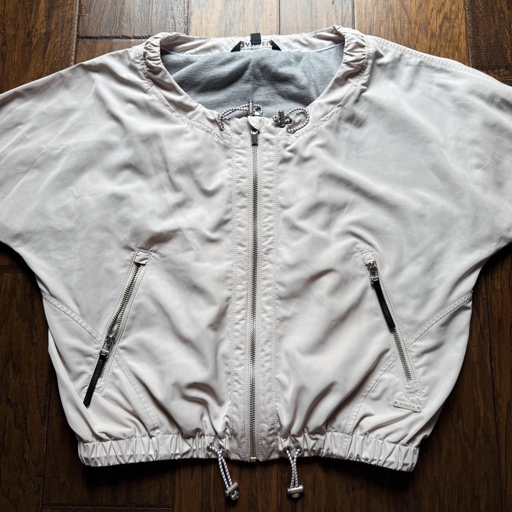 Athleta Windbreaker Jacket Womens Small light beige Full Zip Lined Drawcord Hem